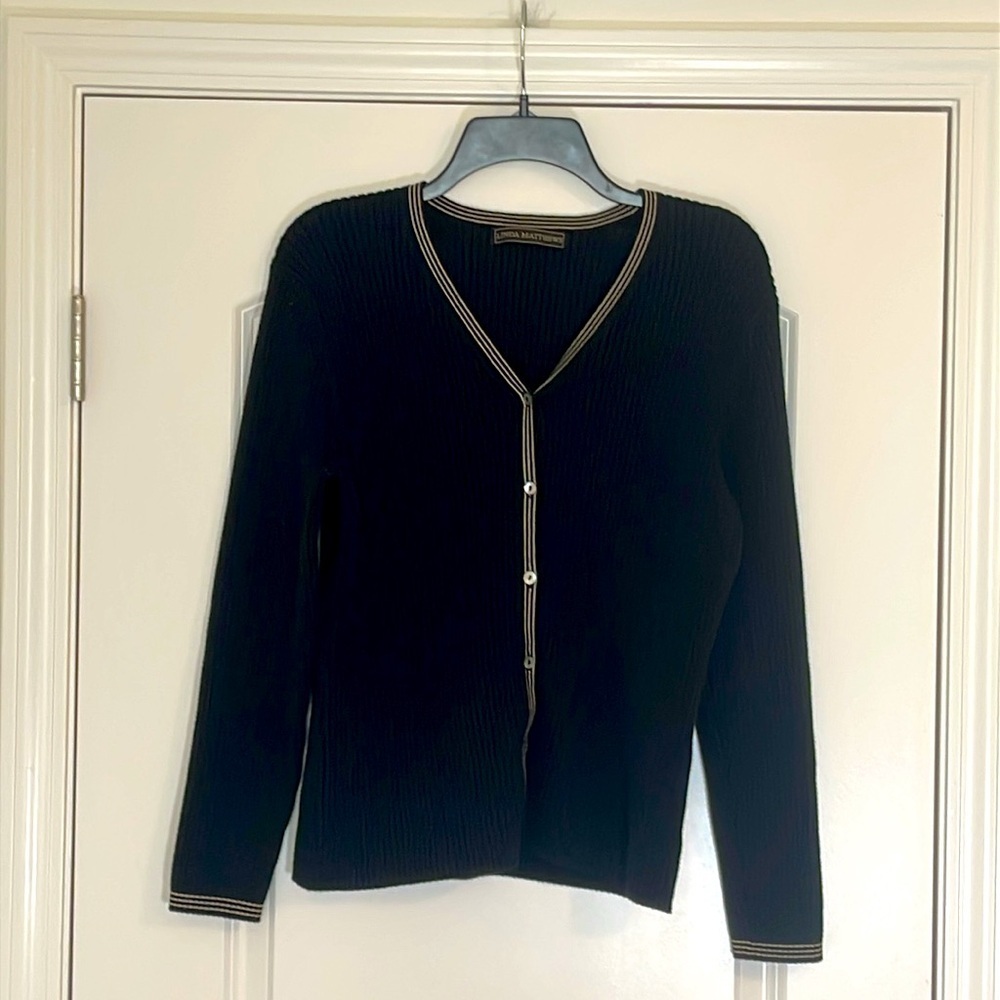 Linda Mathews Black Ribbed V-Neck Button Down Cardigan Size M